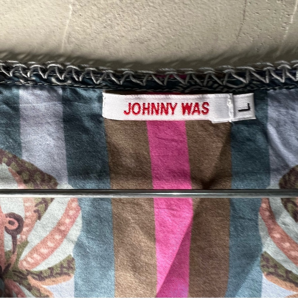 Johnny Was‎ Aran Georgia 100% Silk Floral Boho Ruched  Sleeves Tassel Trim Top - Picture 12 of 14